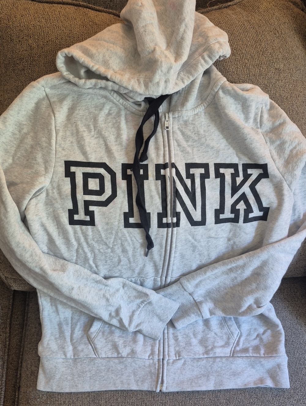 PINK Victoria's Secret Light Gray Zip-Up Hoodie with Black Logo